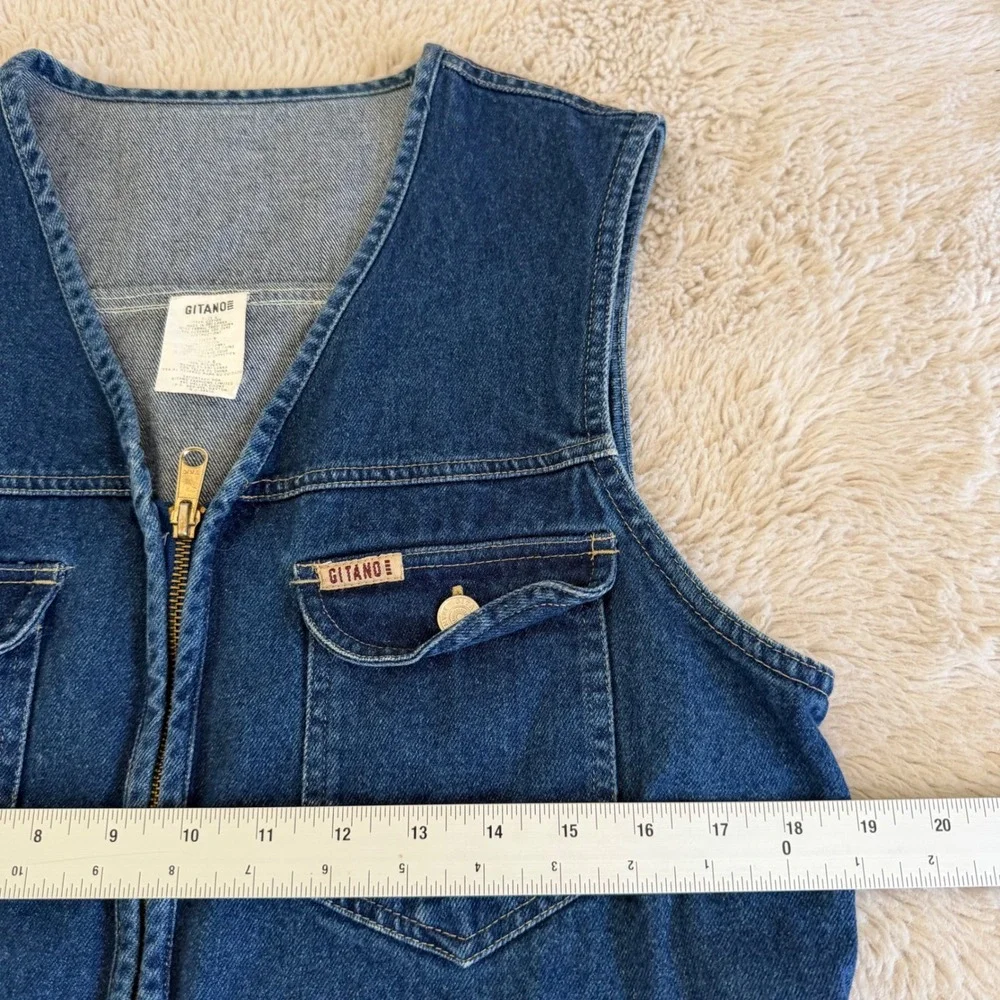 90s Vintage Blue Denim Zip Up Vest Utility Pockets Cotton Safari Y2K V‎ Neck